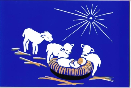 Carte de voeux chrétienne : Jésus avec trois agneaux